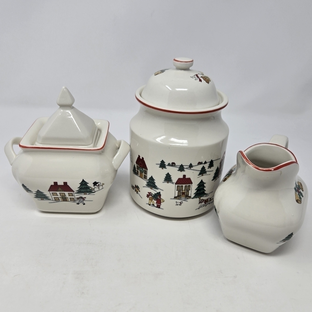 JAMESTOWN CHINA THE JOY OF CHRISTMAS 3 PIECE SET CREAM SUGAR CANISTER HOLIDAY